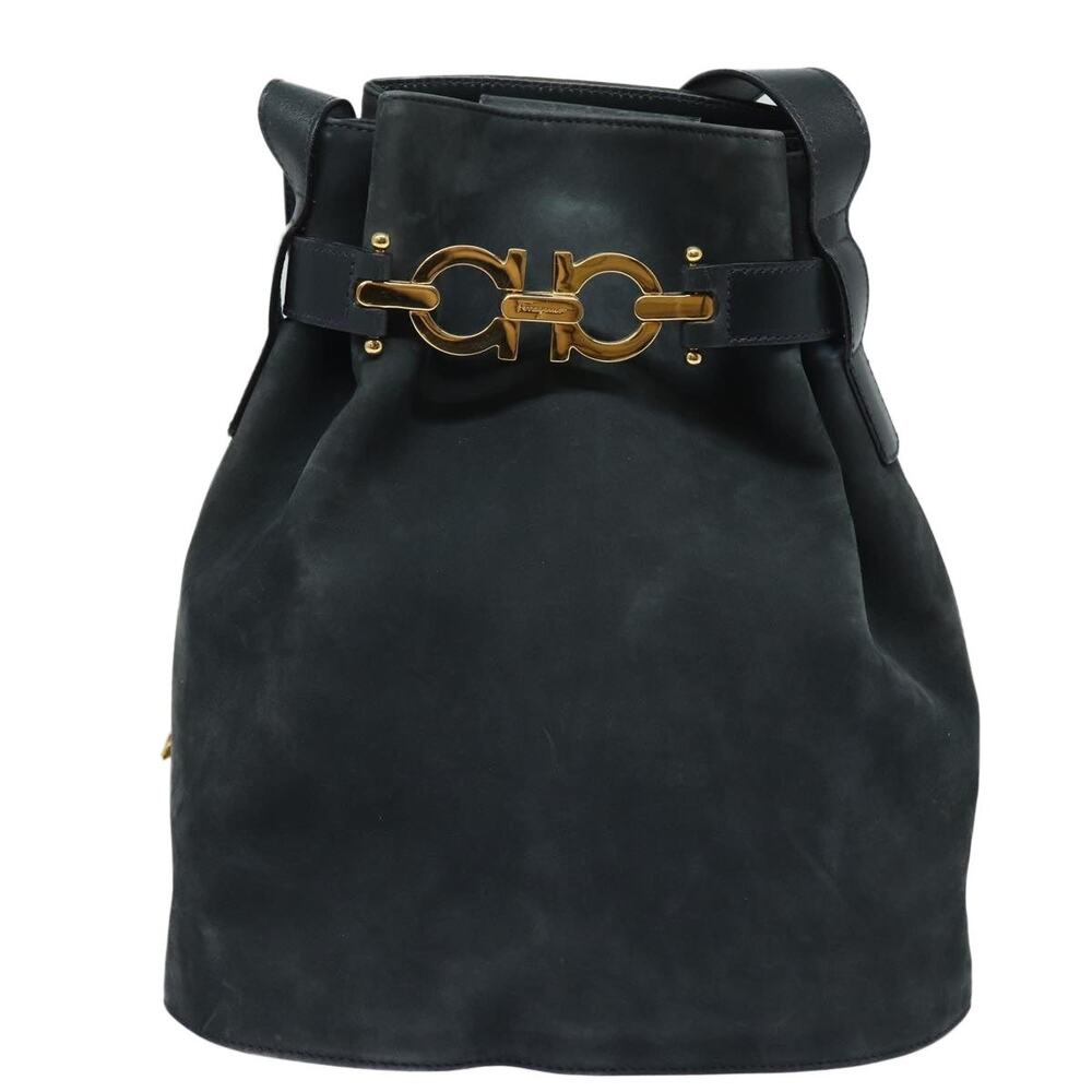 Salvatore Ferragamo Suede Gancini Shoulder Bag Navy